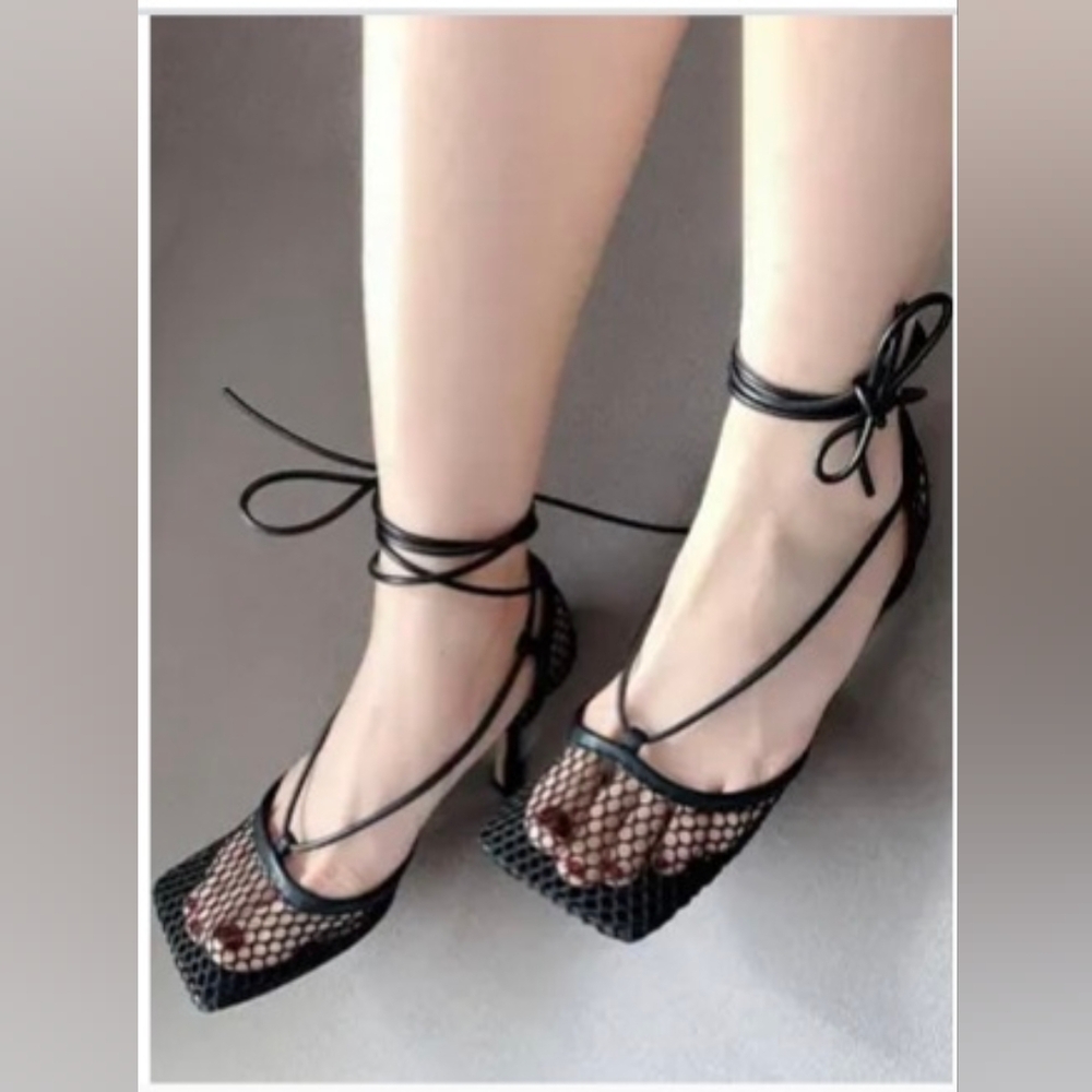 Aldo Square Toe Black String Up Heels